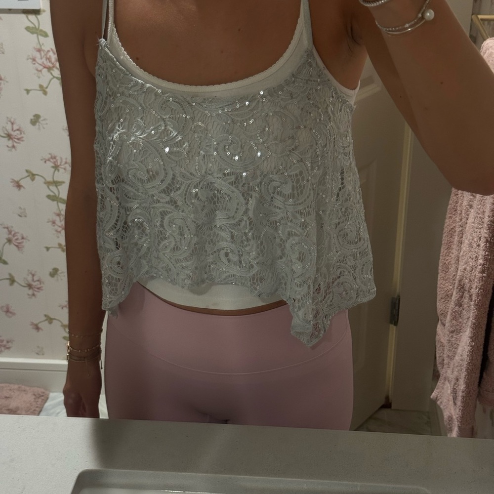 Free People Silver Sequin Lace Camisole